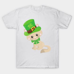 Saint Patrick's Day Cat, Leprechaun Hat, Clovers T-Shirt